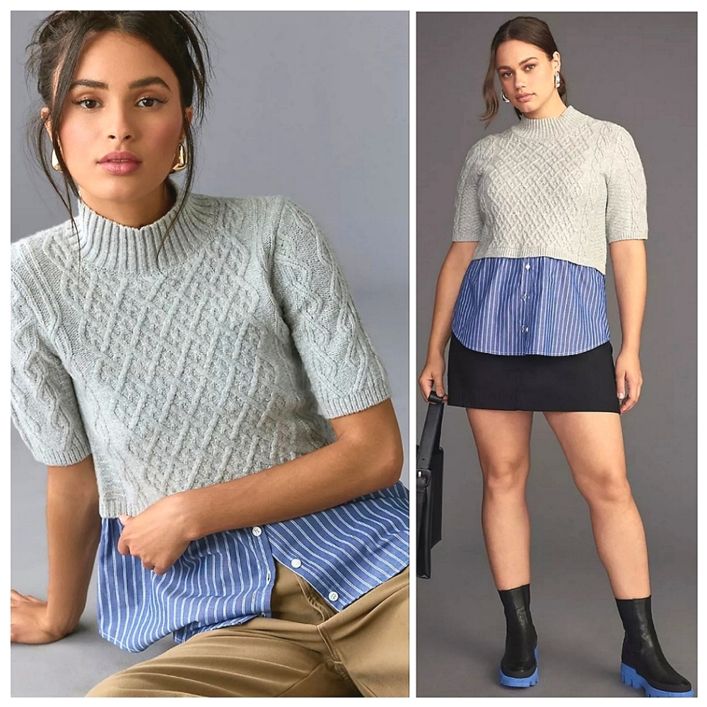 New Maeve Melinda Cable Short-Sleeve Twofer Sweater Size XL